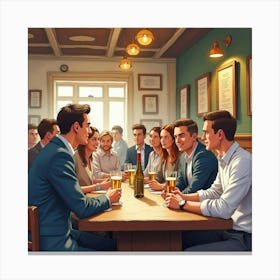 A Lively English Pub Quiz Night With Patrons And Trivia Questions, Watercolor Style 1 Canvas Print