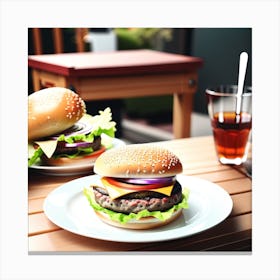 Hamburgers On A Wooden Table Canvas Print