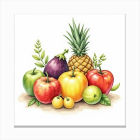 Charming Watercolor Artwork Of Assorted Fruits And Veggies In An Elegant Arrangement 1 Canvas Print