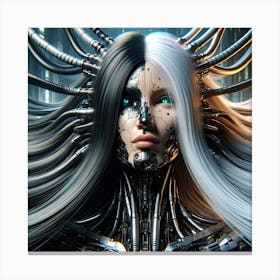 Cyborg With Long Black & White Hair Canvas Print