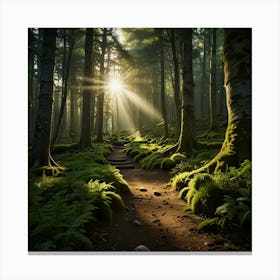 A Tranquil Forest Path With Sunlight Streaming Through The Trees And A Carpet Of Moss Canvas Print