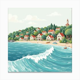 Charming Seaside Village With Soft, Watercolor Waves 1 Canvas Print