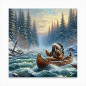 Oil Texture Native American Indian Canoeing 3 Canvas Print