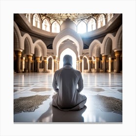 A 3d Dslr Photography Muslim Wearing Futuristic Digital Suit , Praying Towards Masjid Al Haram, House Of God Award Winning Photography From The Year 8045 Canvas Print