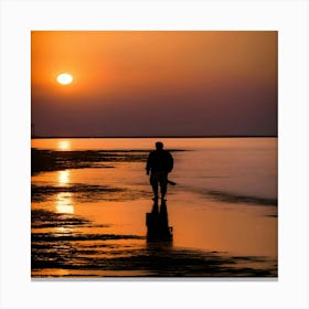 Silhouette Of Man Walking On Beach At Sunset Canvas Print