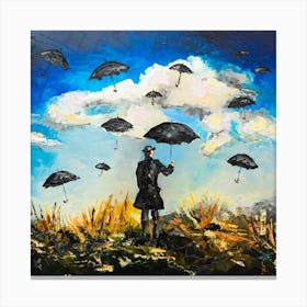 Anywhere but here Oil painting by Liubov Kuptsova surrealistic man umbrellas flight Canvas Print