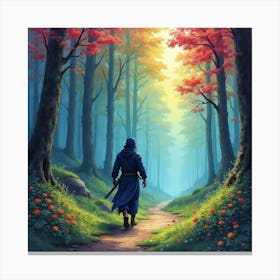 Ninja In Vibrant Forest Realm, Watercolor, Colorful And Lush 1 Canvas Print