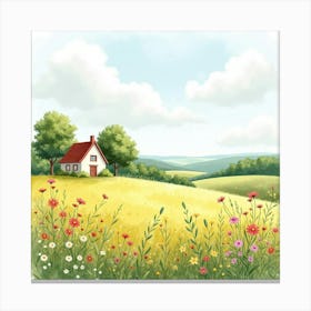 French Countryside Meadow In Watercolor With Wildflowers And A Quaint Farmhouse 1 Canvas Print