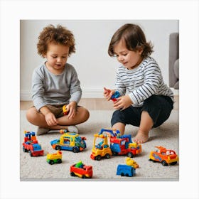 Two Children Playing With Toy Cars Canvas Print