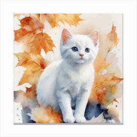 White Kitten In Autumn Leaves 1 Canvas Print