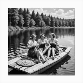 Eating Pasta on a Lake, Three Women On Raft, Funny Black and White Vintage Photo Art Print 1 Canvas Print