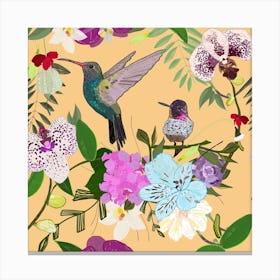 Orchid, Alstromerias And Cute Humming Birds Pattern Square Canvas Print