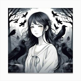 Sad Manga Girl With Crows Canvas Print