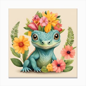 Floral Baby Iguana Nursery Illustration (7) Canvas Print