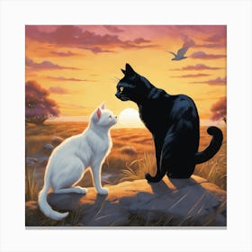 Black And White Cats At Sunset Canvas Print