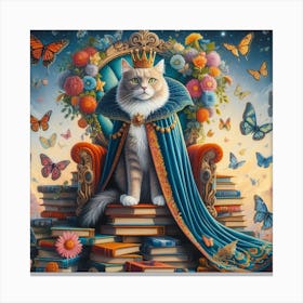 Majestic and Curious - Surrealistic Painting of a Cat with Butterflies and Flowers Canvas Print