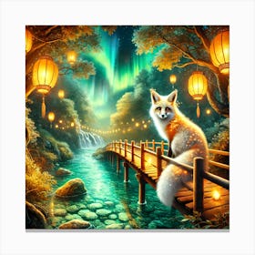 Mystical Wooden Bridge Over A Crystal Clear River With A Glowing Magical Fox Canvas Print