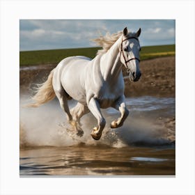 White Horse Running In Water 1 Canvas Print