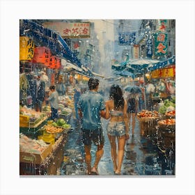 Hong Kong Market, In Warm Colors, Impressionism, Surrealism Canvas Print