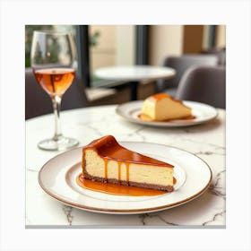 Watercolor Depiction Of A Decadent And Indulgent Caramel Cheesecake On A Stylish Restaurant Table Canvas Print