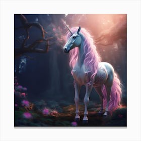 white unicorn with a long mane in a mystical fairytale forest, mountain dew, fantasy, mystical forest, fairytale, beautiful, purple pink and blue tones, dark yet enticing, Nikon Z8 1 Canvas Print