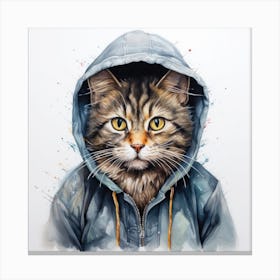 Watercolour Cartoon Cat In A Hoodie 3 Canvas Print