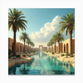 A Serene Oasis With Palm Trees, Clear Water, And Traditional Egyptian Villagers Canvas Print