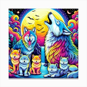 Psychedelic Wolf Family Howls at Moon Canvas Print