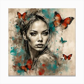 Girl with Butterflies Watercolour Portrait Canvas Print