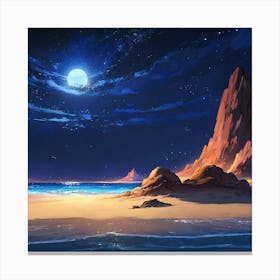 Moonlit Beach With Towering Rocks Under a Starry Night Sky Canvas Print