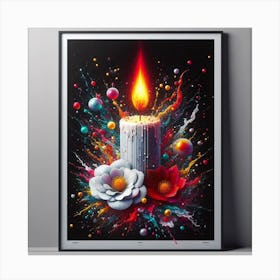A lit candle inside a picture frame surrounded by flowers 1 Canvas Print