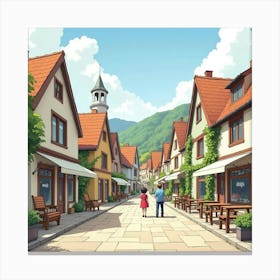 Charming Village Square In Watercolor, With Quaint Shops And Street Performers 1 Canvas Print