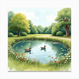 An English Park With A Scenic Pond And Ducks Swimming, Illustrated In Watercolor 1 Canvas Print