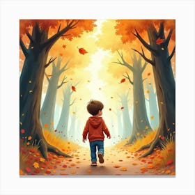 Toddler Walking Through A Colorful Watercolor Forest With Falling Leaves Canvas Print