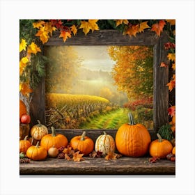 Fall Scene Harvest Bounty Gracing A Rustic Wooden Table Orange Pumpkins Of Varying Size Dominating (6) Canvas Print