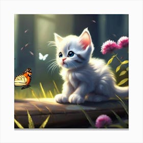 White Kitten With Butterfly Canvas Print