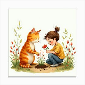 Vibrant Orange Tabby Cat And A Person Gardening Together In Watercolor 1 Canvas Print