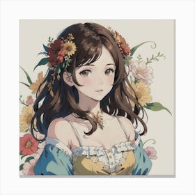 Elegant Floral Charm: A Girl With Brown Hair Wears A Delicate Dress Adorned With Flower Hair Accessories Canvas Print