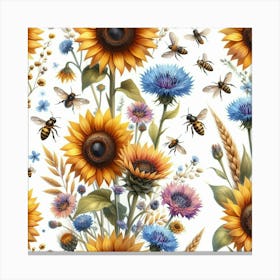 Sunflowers And Bees Pattern 3 Canvas Print