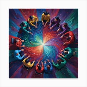 Diverse People Around A Table With Colorful Galaxy, Unity Concept Canvas Print