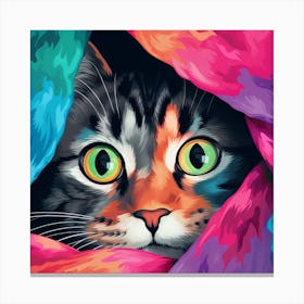 Cat Peeking Out Of Colorful Blanket Canvas Print