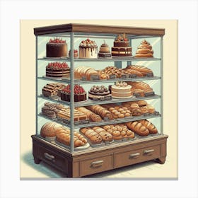 A digital painting of a bakery display case filled with delicious pastries, cakes, cookies, and other baked goods. The case is made of wood and glass, and the shelves are lined with a variety of baked goods. There are cakes of all different flavors, including chocolate, vanilla, and strawberry. There are also cookies, pastries, and other baked goods. The bakery display case is a mouthwatering sight, and it is sure to make anyone who sees it want to indulge in a sweet treat. 1 Canvas Print