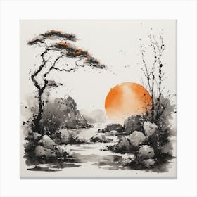 Asian Sunset Watercolor Painting Canvas Print