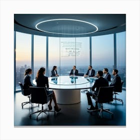 Business Team In Mid Strategizing Session Seated Around A Sleek Oval Glass Table Reflecting Ambien (1) Canvas Print