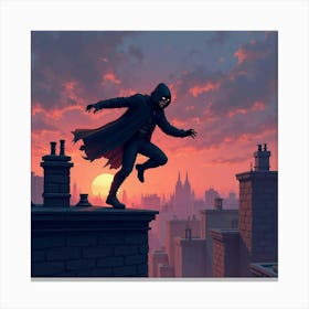 Stealthy Assassin Leaping Across Rooftops At Twilight, Watercolor Tones 1 Canvas Print