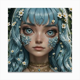 Girl With Blue Hair And Flowers Canvas Print