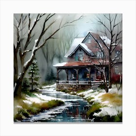 House By The Stream Landscape Canvas Print