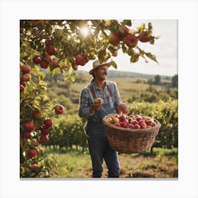 Farmer Picking Apples In The Orchard Canvas Print
