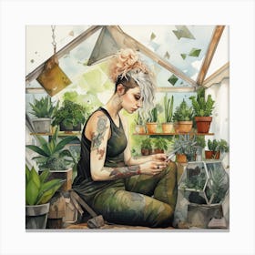 Tattooed Girl In A Greenhouse With Succulents Watercolour Canvas Print