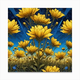 Yellow Flowers In Field With Blue Sky Centered Symmetry Painted Intricate Volumetric Lighting Canvas Print